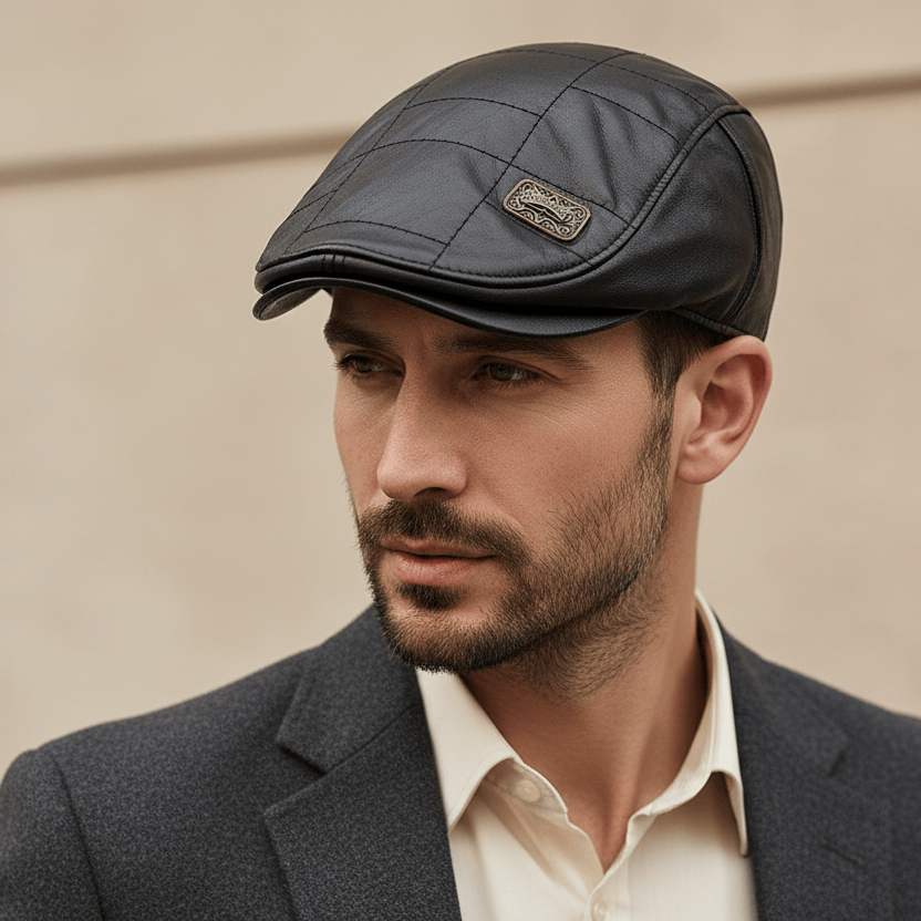 Béret Homme en Cuir avec Détails Matelassés Image