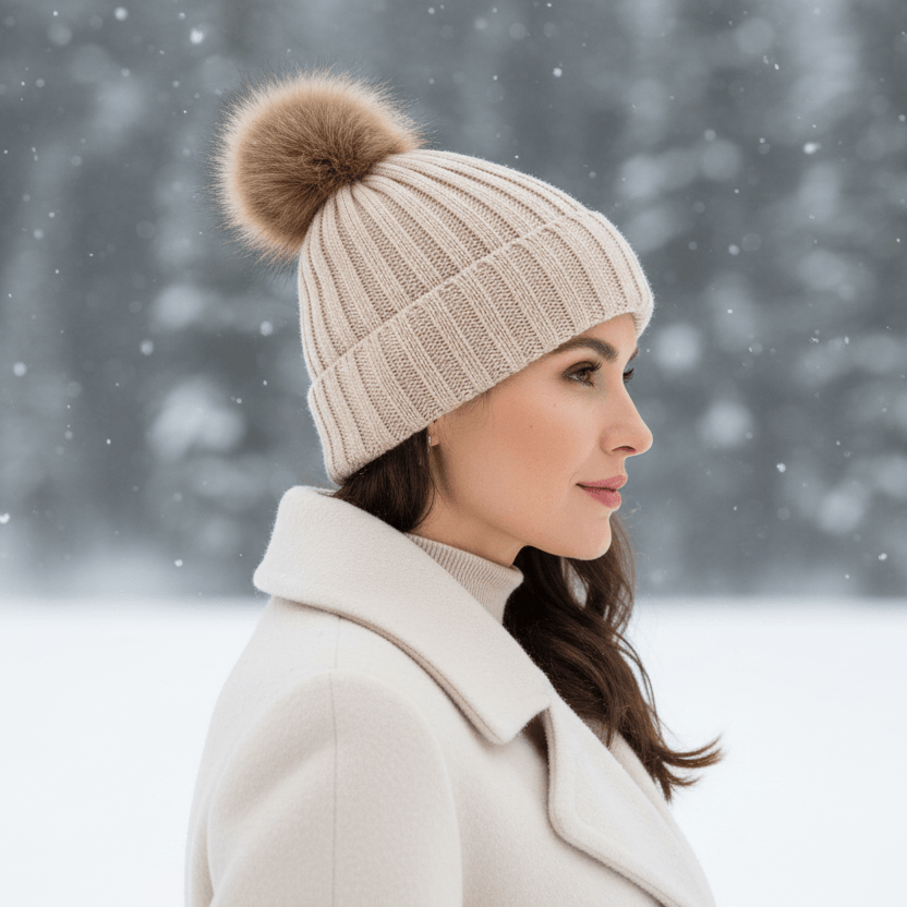 Bonnet Femme en Maille Classique avec Pompon Image
