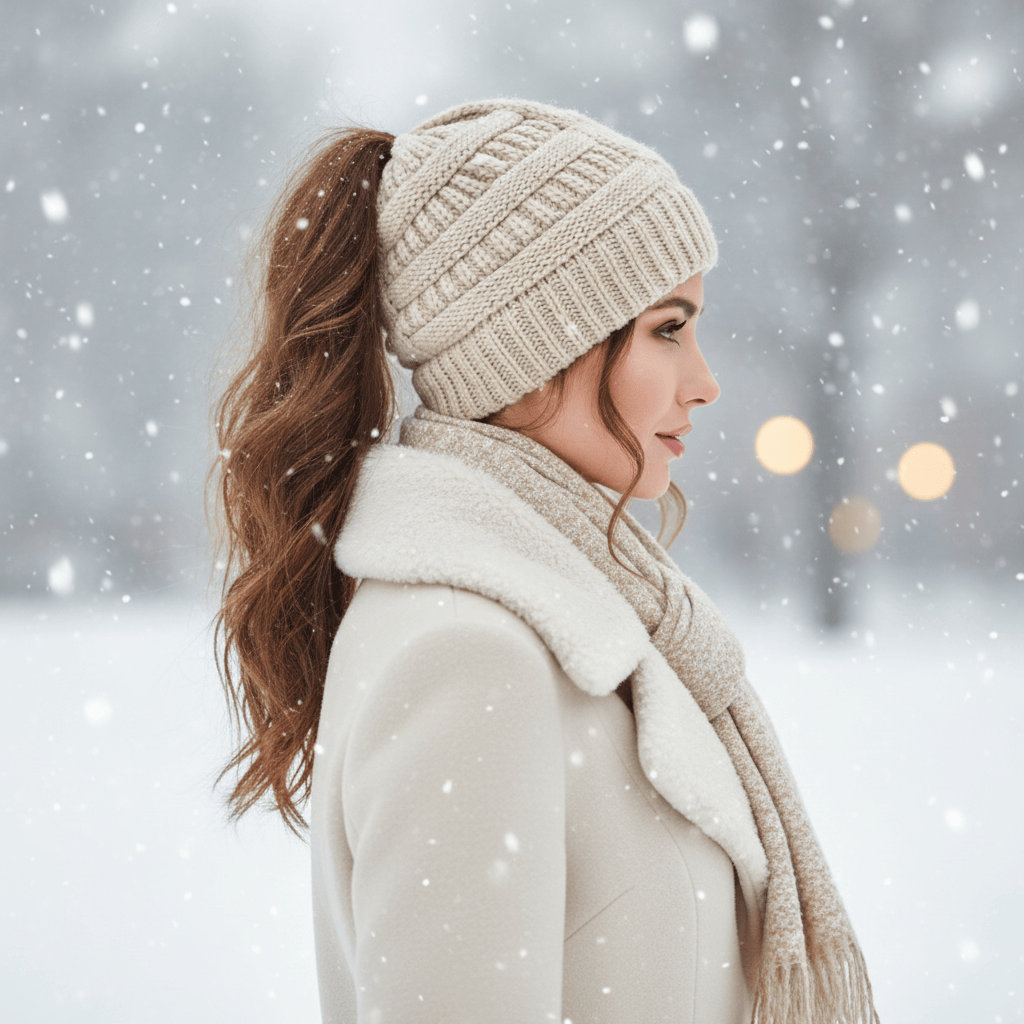 Bonnet Femme Hiver avec Ouverture pour Queue de Cheval Image