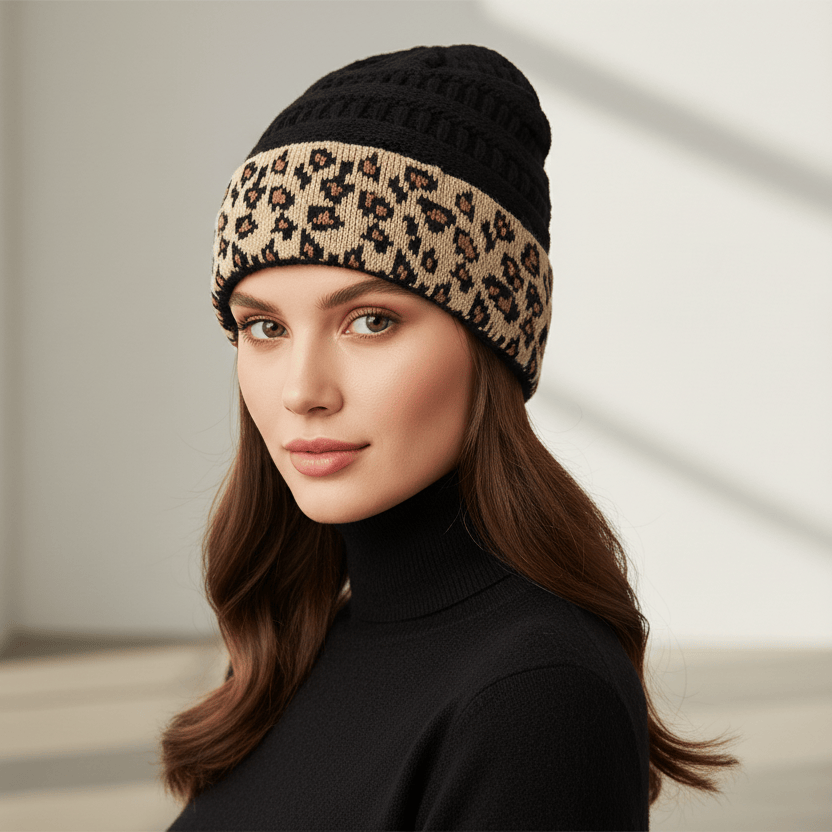 Bonnet Femme Hiver avec Revers Léopard