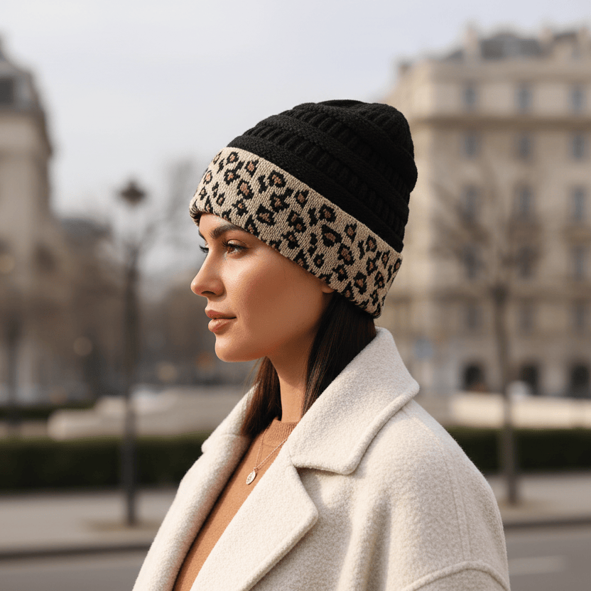Bonnet Femme Hiver avec Revers Léopard Image