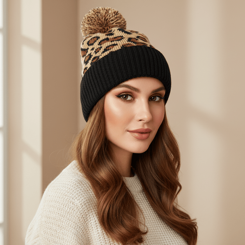 Bonnet Femme Léopard avec Pompon Douillet