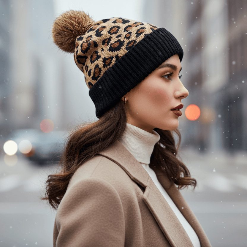 Bonnet Femme Léopard avec Pompon Douillet Image