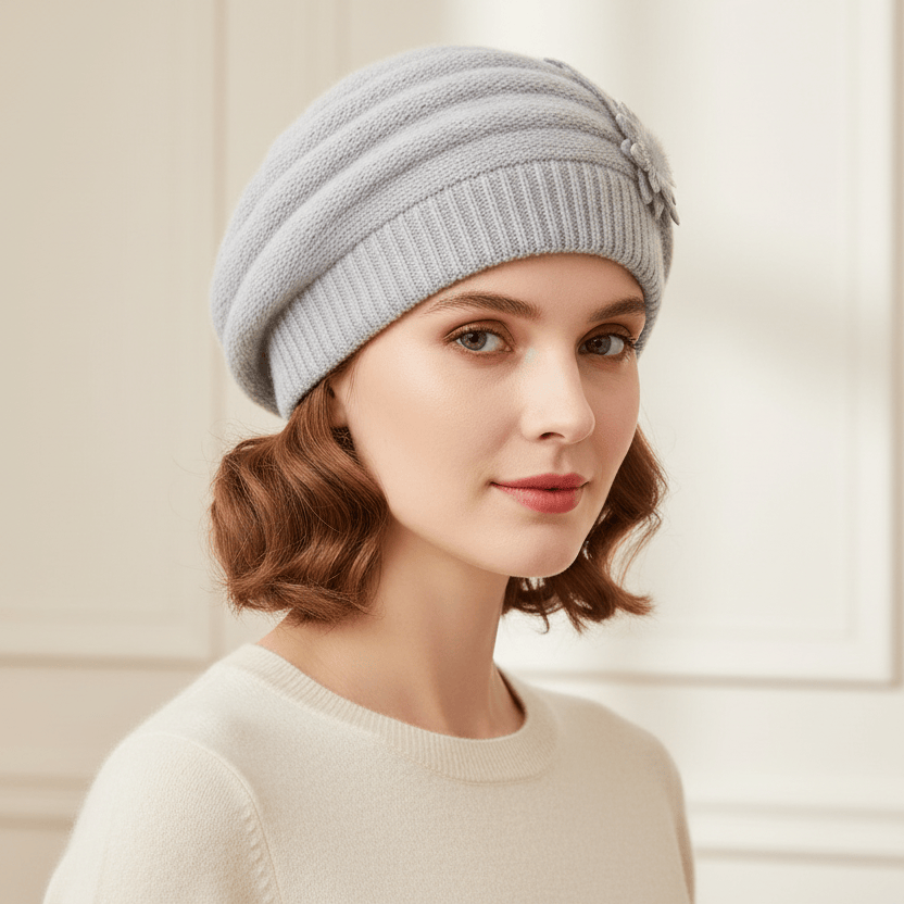 Bonnet Femme Tricoté Fleur Élégante
