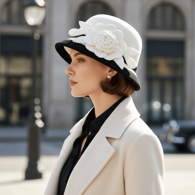 Chapeau Cloche Melon Femme Noir et Blanc Image