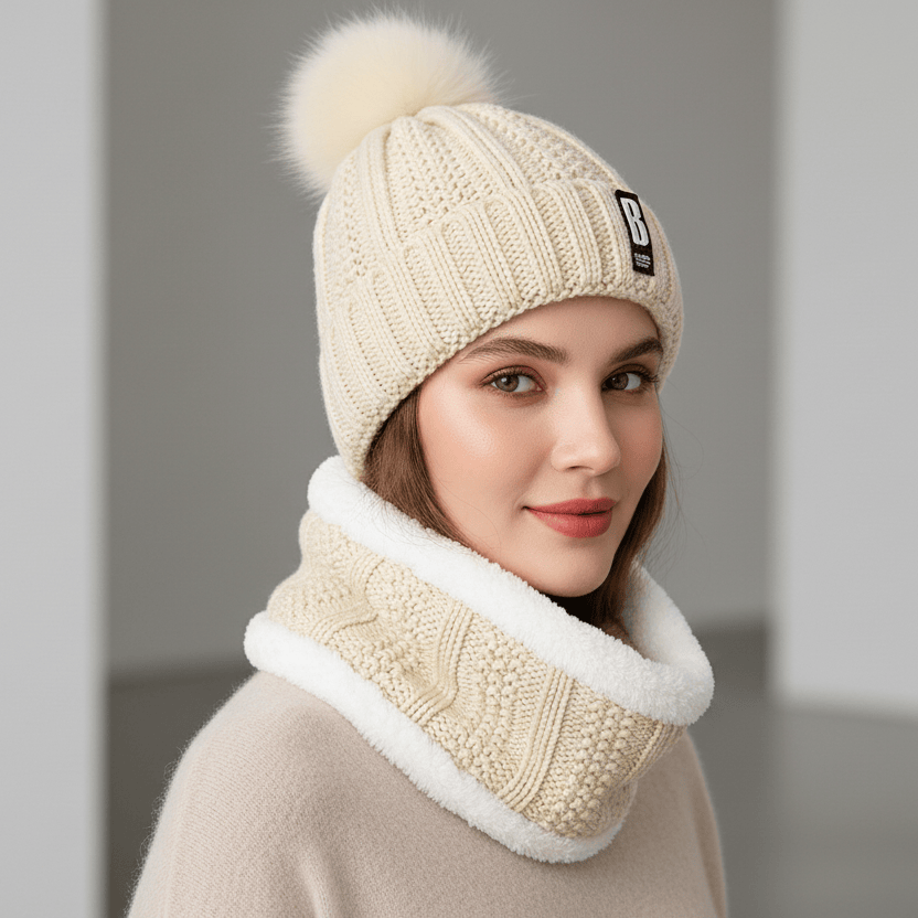 Ensemble Bonnet Femme Pompon en Maille et Écharpe Épaisse Image